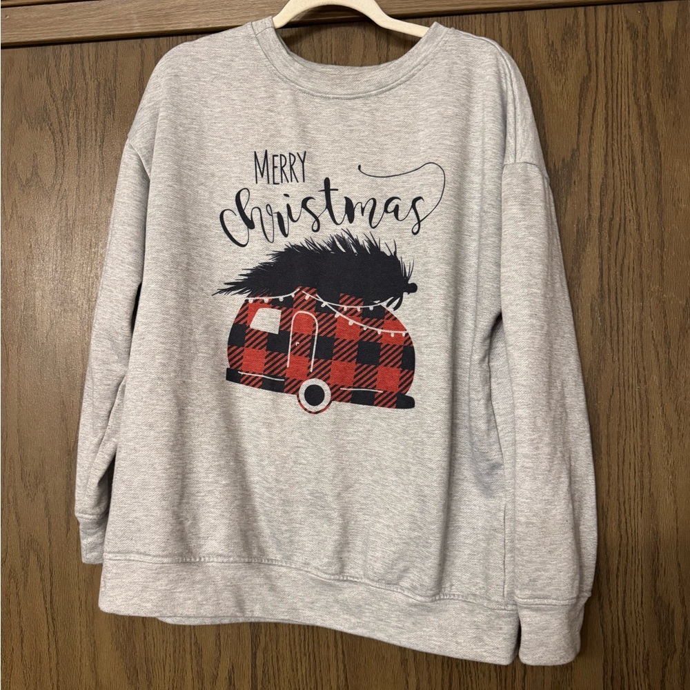 Merry Christmas Gray Sweatshirt with Red Plaid Camper